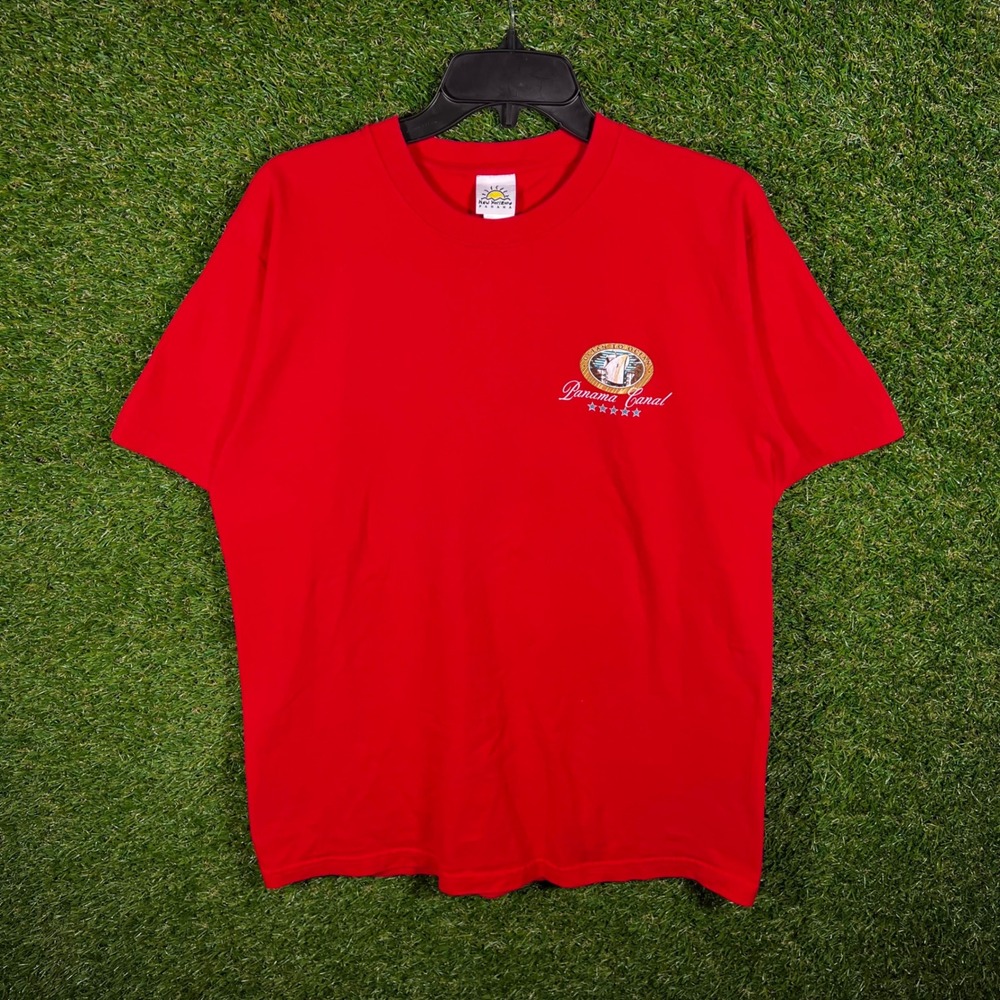New Horizons Panama Canal Graphic T-Shirt Mens Medium Red Short‎ Sleeve Cotton